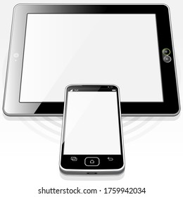 A top front angle view of a Smart-Phone and Tablet PC presenting blank screen details. The base circle pulse detail represents the hi speed 5G or Wi-Fi  wireless connection to the internet.