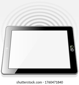 A top front angle view of a Tablet PC presenting a blank screen detail. A 5G mobile signal is positioned behind the Tablet device. 