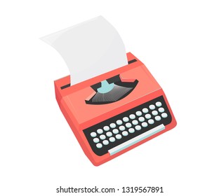 Top Front View vector illustration: retro vintage typewriter or type write machine isolated. Writers retro typewriter icon. Great for journalists, copywriters, writers and old school scientists sites.