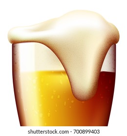 Top of full glass of fresh ale beer. High quality vector illustration of frothy lager beer with foam and barley ears. Ready for your design.