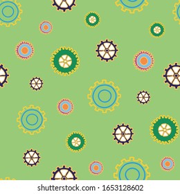 Top Gear scattered cogs on green background surface pattern design vector repeat seamless
