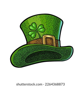 Top gentleman green hat. Vector vintage engraving color illustration isolated on white background for Saint Patrick's Day poster