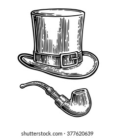 Top gentleman hat and smoking pipe. Engraving vintage vector black illustration. Isolated on white background. Hand drawn design element for label and poster