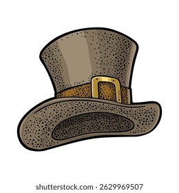 Top gentleman hat. Vector vintage engraving color illustration isolated on white background.
