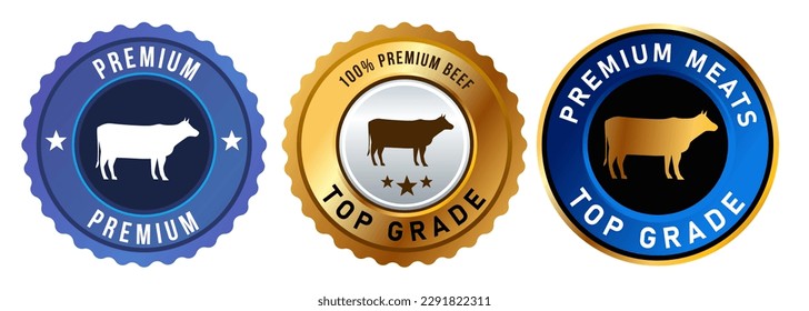 Top grade premium meats beef cow butcher symbol of top grade crown badge label blue golden 