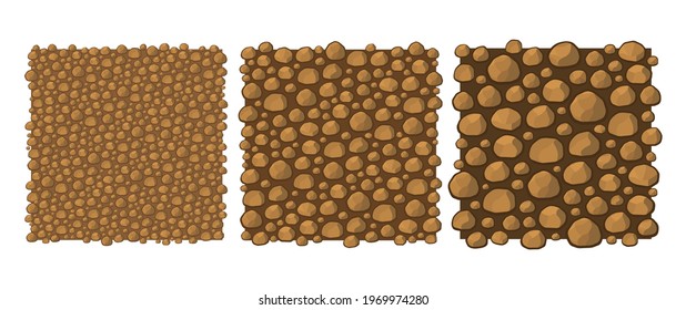 Top ground layer earth with stones, top view.
Background square texture of ground soil, ground surface. 