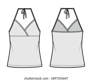 Top halter neck surplice tank cotton-jersey technical fashion illustration with empire seam, bow, oversized, tunic length. Flat outwear template front, back, grey color. Women men CAD mockup Camisole