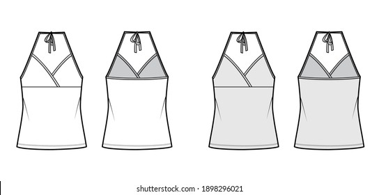 Top halter neck surplice tank cotton-jersey technical fashion illustration with empire seam, bow, oversized, tunic length. Flat outwear template front, back, white, grey color. Women men CAD mockup