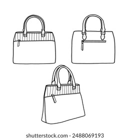 Top handle bag satchel purse vector illustration flat outline template. Front, back, and side view. Vector illustration of top handle bag icon line isolated on a white background