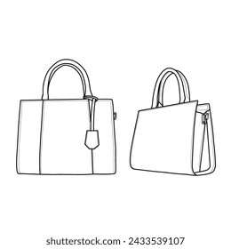 Top handle bag vector illustration flat outline template. Crossbody women's bag. Front, back, and side view. Vector illustration of top handle bag icon line isolated on a white background