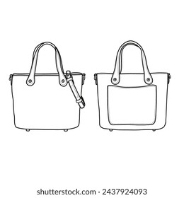 Plantilla de contorno plano de ilustración vectorial de bolsa de asa superior. Bolso de mujer Crossbody. Vista frontal, posterior y lateral. Ilustración vectorial de la línea de icono de bolsa de asa superior aislada sobre un fondo blanco