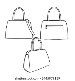Top handle bag vector illustration flat outline template. Crossbody women's bag. Front, back, and side view. Vector illustration of top handle bag icon line isolated on a white background