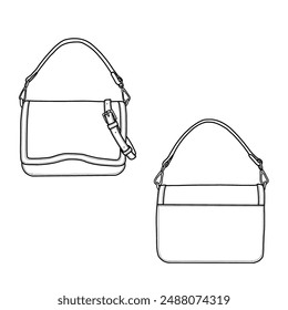 Plantilla de contorno plano de Ilustración vectorial de bolso de asa superior. Bolso de mujer Crossbody. Vista frontal y posterior. Ilustración vectorial de la línea de iconos de la bolsa de asa superior aislada sobre un fondo blanco