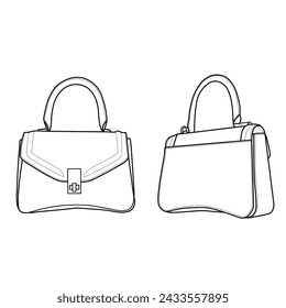 Top handle bag, women's bag vector illustration flat outline template. Front, and back view. Vector illustration of top handle bag icon line isolated on a white background