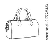 Top Handle Bags for Women, Tote Bag Satchel Handbags Shoulder Bag Line art, outline vector doodle illustration front view, isolated on white background