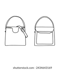 Top handle women's bag flat sketch fashion illustration drawing template mock-up,  front, and back view. Isolated on a white background.