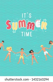 top  of happy men and women doing the starfish float on the water and hold hands. Marine design with the sea where young people have fun and text ti`s summer time