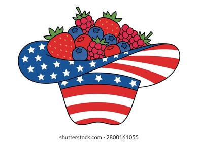 Top hat with american flag pattern holding strawberries blueberries and raspberries, healthy snack.