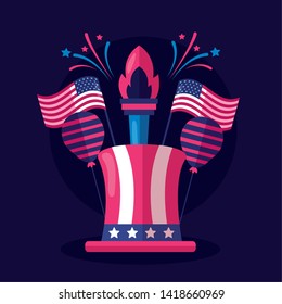 top hat balloons torch american happy independence day vector illustration