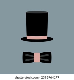 Top hat and bow tie in flat style. Vector illustration in vintage colors. Retro wedding card or invitation on blue background. Simple shapes