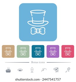 Top hat and bow tie outline white flat icons on color rounded square backgrounds. 6 bonus icons included