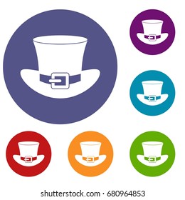 Top hat with buckle icons set in flat circle red, blue and green color for web