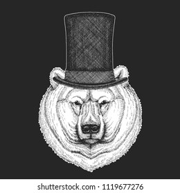 Top hat, cylinder. Hipster animal, gentleman. Classic headdress. Print for children t-shirt, kids clothing.