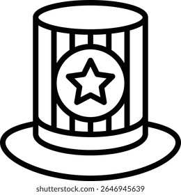 Chapéu Superior, Chapéu De Cilindro Impresso Bandeira Americana, Ícone De Quatro De julho, Ícone Linear Estilo Vetor. 