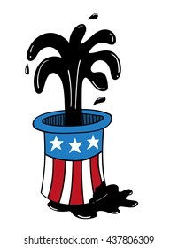 Top Hat decorated with elements from the USA flag with oil gushing out of it and more oil spillage from the bottom of the hat