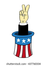 Top Hat decorated with stars and stripes of the USA flag and a hand reaching out to give the peace,victory or vote sign on a white background