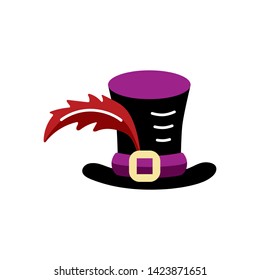 Top hat with feather isolated on white background. Flat style vector illustration.