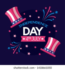 top hat fireworks american happy independence day vector illustration