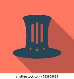 top hat flat icon with long shadow on background. Cylinder gentleman hat. Vector illustration.