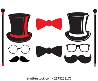 Top hat glasses mustache bow tie and cane