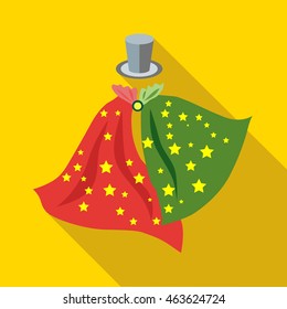 Top hat and handkerchiefs of magician icon in flat style on a yellow background