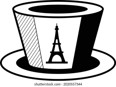 Top Hat or Head Cap Concept, Paris Eiffel Tower Printed Elements Vector Icon Design, Bastille Day Symbol, National day of France Sign, French Revolution Stock illustration