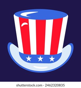 Top hat headdress american character Uncle Sam. Festive element, attributes of July 4th USA Independence Day. Flat vector icon in national colors of US flag on dark blue background