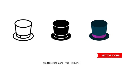Top hat icon of 3 types: color, black and white, outline. Isolated vector sign symbol.