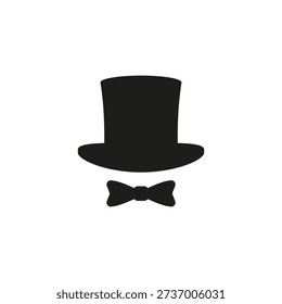 Top hat icon with bow tie. Cylinder hat. Vector silhouette and illustration on a white background.