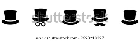 Top hat icon collection. Solid, filled icon set of top hats: classic hat, silk, magicians , vintage , steampunk top hat, wedding top. Vector icon.