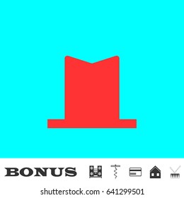 Top hat icon flat. Red pictogram on blue background. Vector illustration symbol and bonus buttons Music center, corkscrew, credit card, house, drum