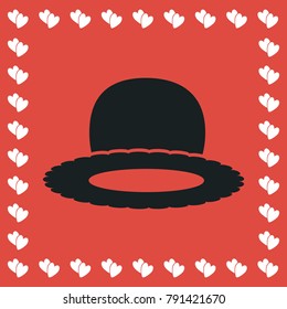 Top hat icon flat. Simple black pictogram on red background with white hearts for valentines day. Vector illustration symbol