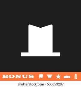 Top hat icon flat. White pictogram on black background. Vector illustration symbol and bonus button tooth, vase, star, mirror, bottle