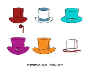 Top hat icon set. Color outline set of top hat vector icons for web design isolated on white background