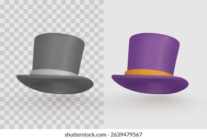 Top Hat Icon Set Featuring Classic Gray and Vibrant Purple Designs with Realistic Shadows and Highlights. Perfect for Game Assets or Magic Themes. Vector Illustration.
