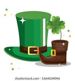 top hat leprechaun and boot with clover vector illustration designicon