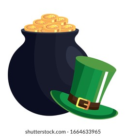 Leprechaun y caldero de sombrero superior con monedas aisladas icono Icono Icono Ilustración vectorial Ilustración
