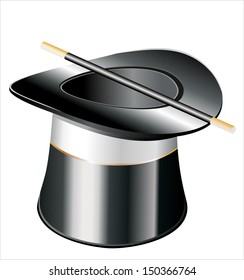 Top hat and a magic wand isolated against white background