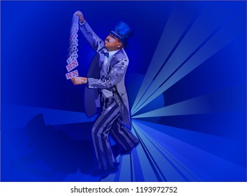 Top hat magician with a deck of cards magic trick character vector illustration