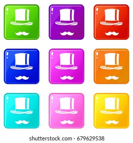 Top hat and moustache icons of 9 color set isolated vector illustration